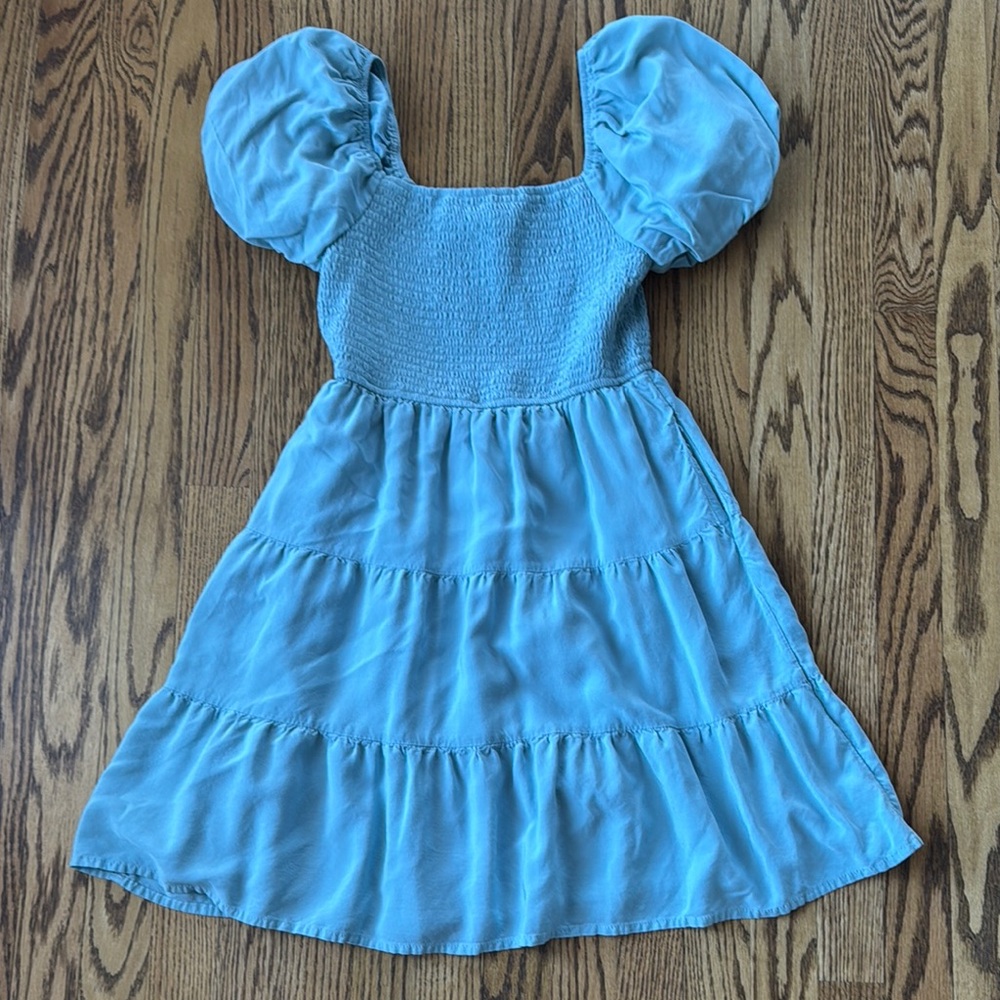 Blue Tiered Smocked Mini Sundress with Puff Sleeves
